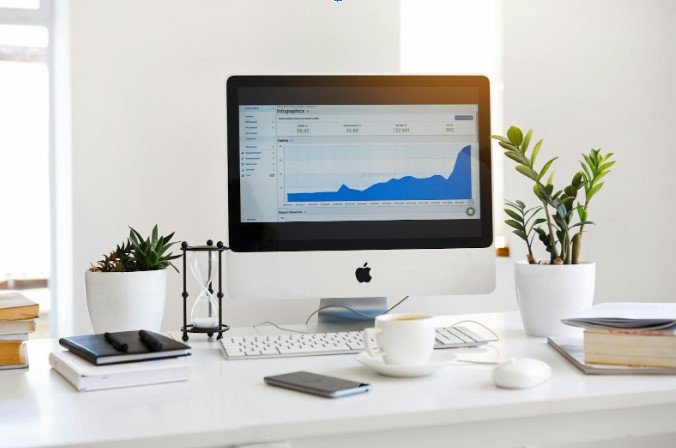 Desktop computer displaying rising website traffic and engagement analytics, representing successful digital marketing performance.
